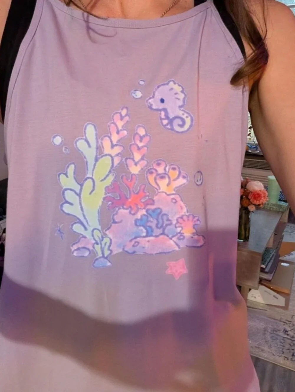 CRZ YOGA Lilac Tank Top with Pastel Seafoam and Coral Design